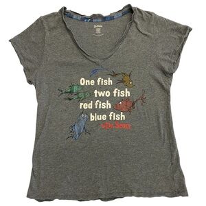 Dr Seuss One Two Fish Red Blue Fish Graphic V Neck T‎ Shirt Women's L XL